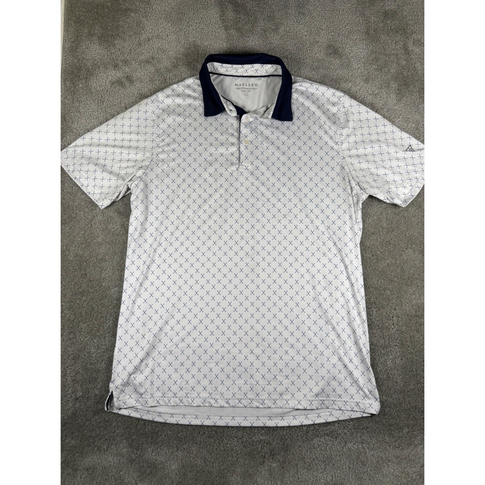 Maelreg Performance Polo Mens Large White Navy Golf Club Print Short Sleeve Polo